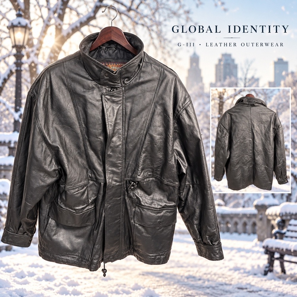 Global Identity G-III Mens Black Leather Jacket Funnel Neck XL Outerwear